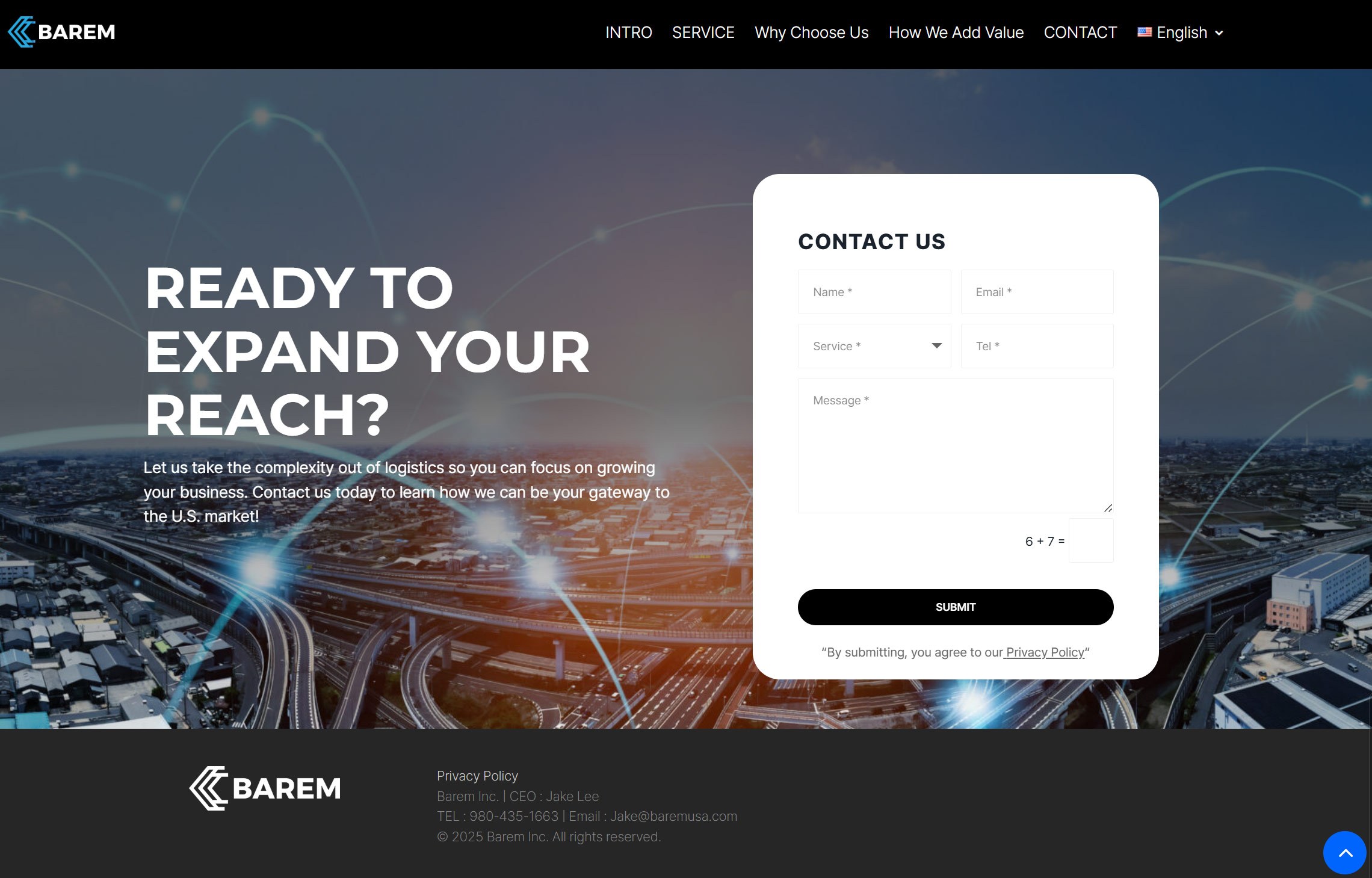 Barem Inc. website — contact section