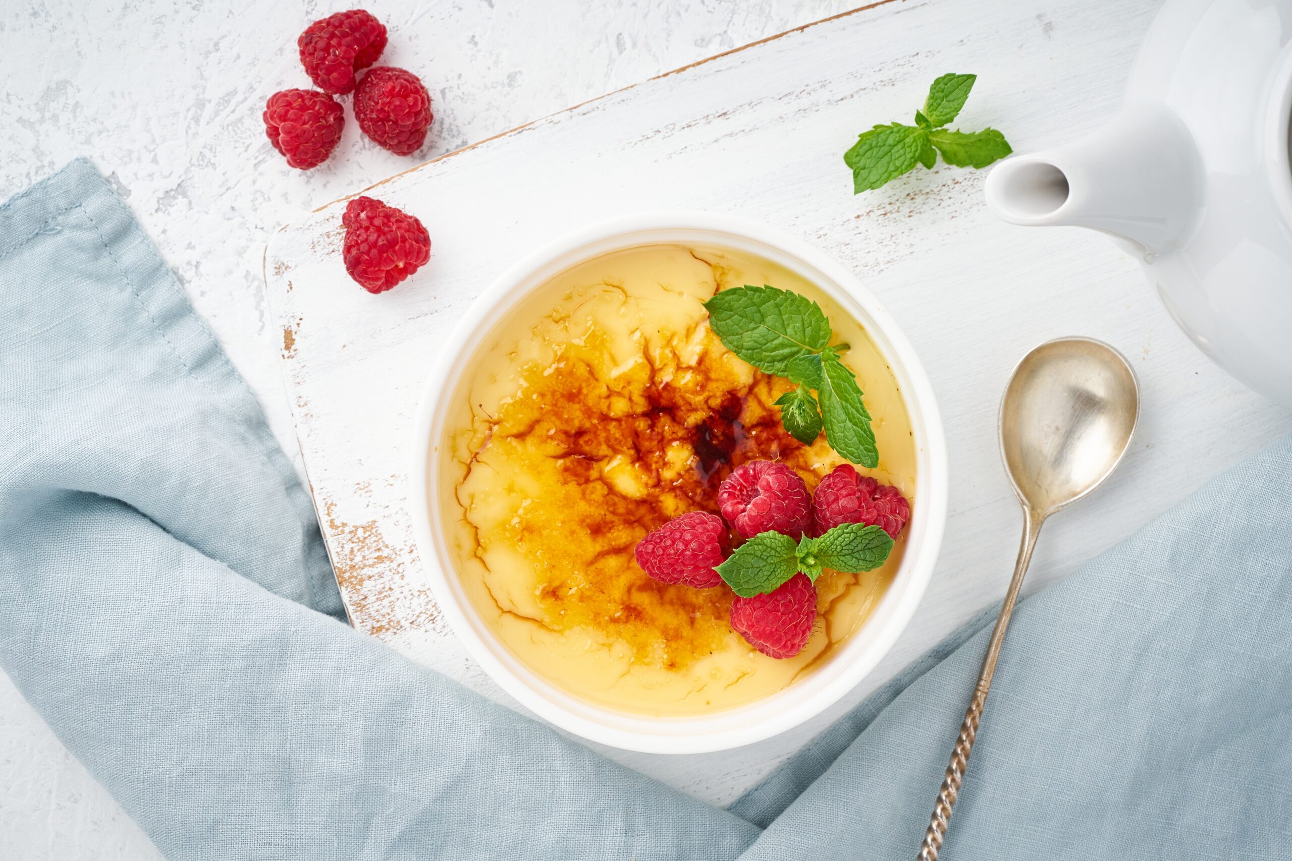 Crema catalana with raspberries and mint