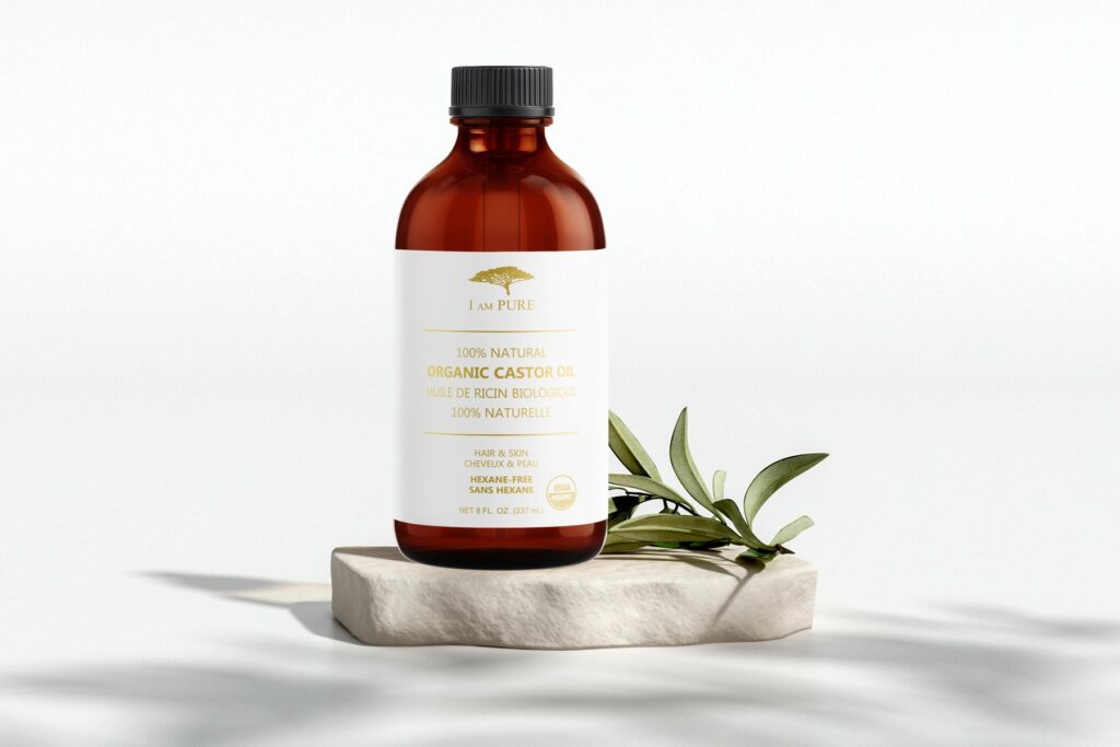 IAMPURE Organic Castor Oil 237ml on a stone plinth
