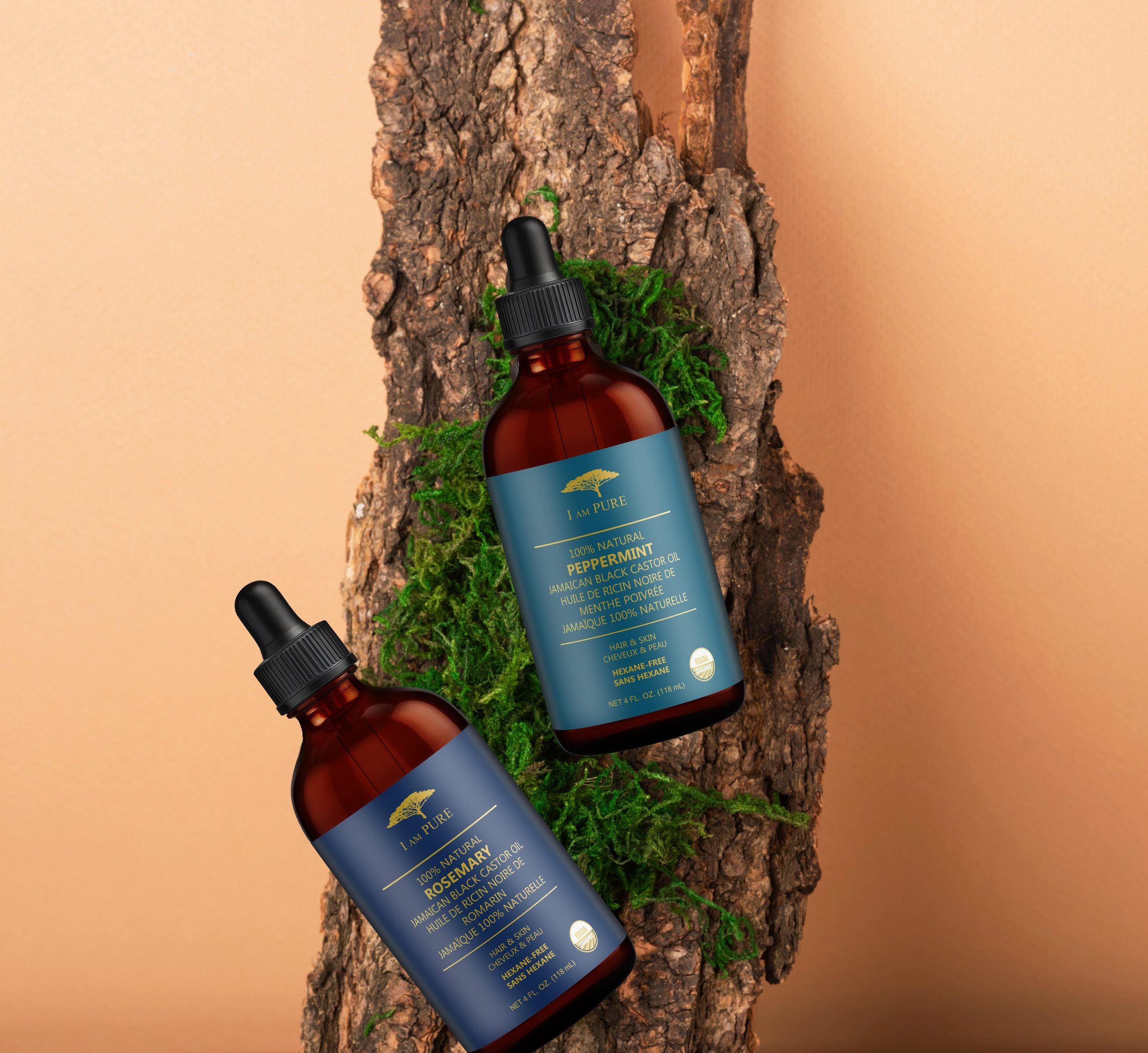 IAMPURE bottles on tree bark against an orange backdrop