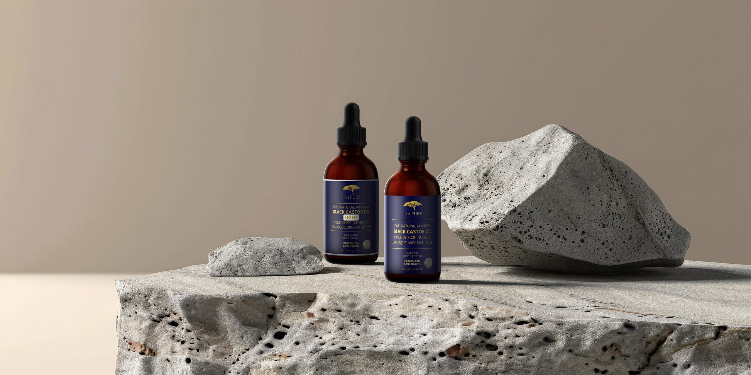 IAMPURE bottles on a travertine slab