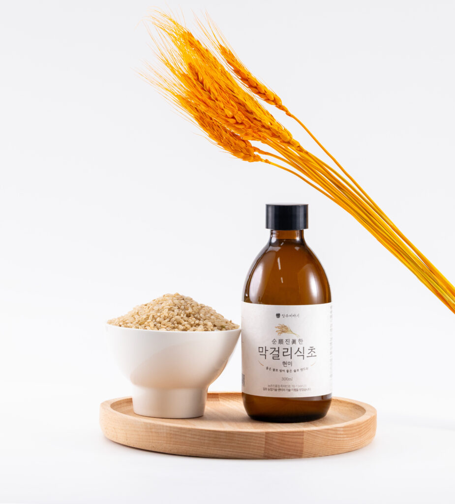 Makgeolli vinegar bottle with wheat stalks
