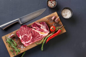 Hanwoo ribeye on a wooden board