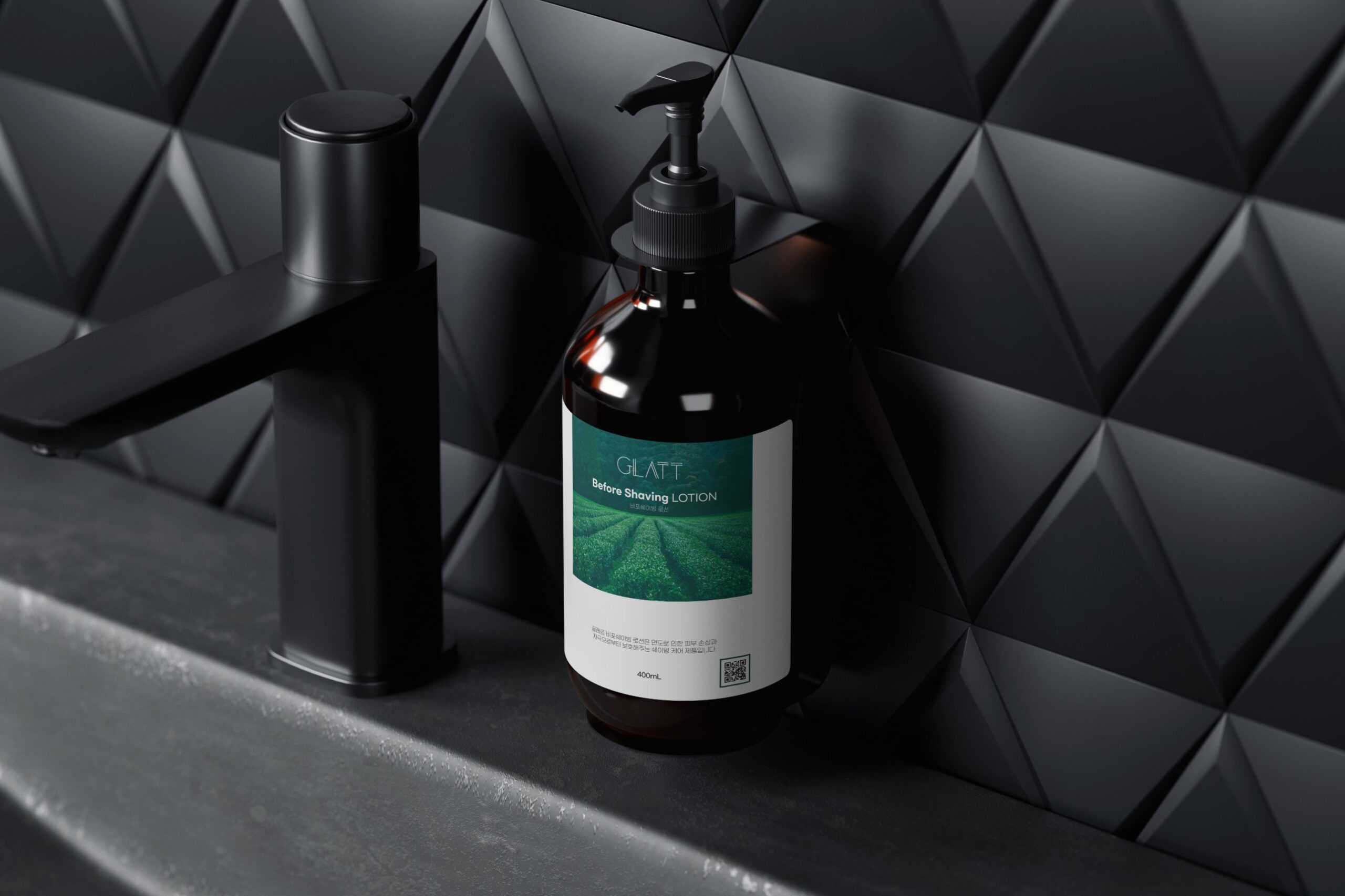 GLATT Before Shaving Lotion beside a black tap against dark tiles